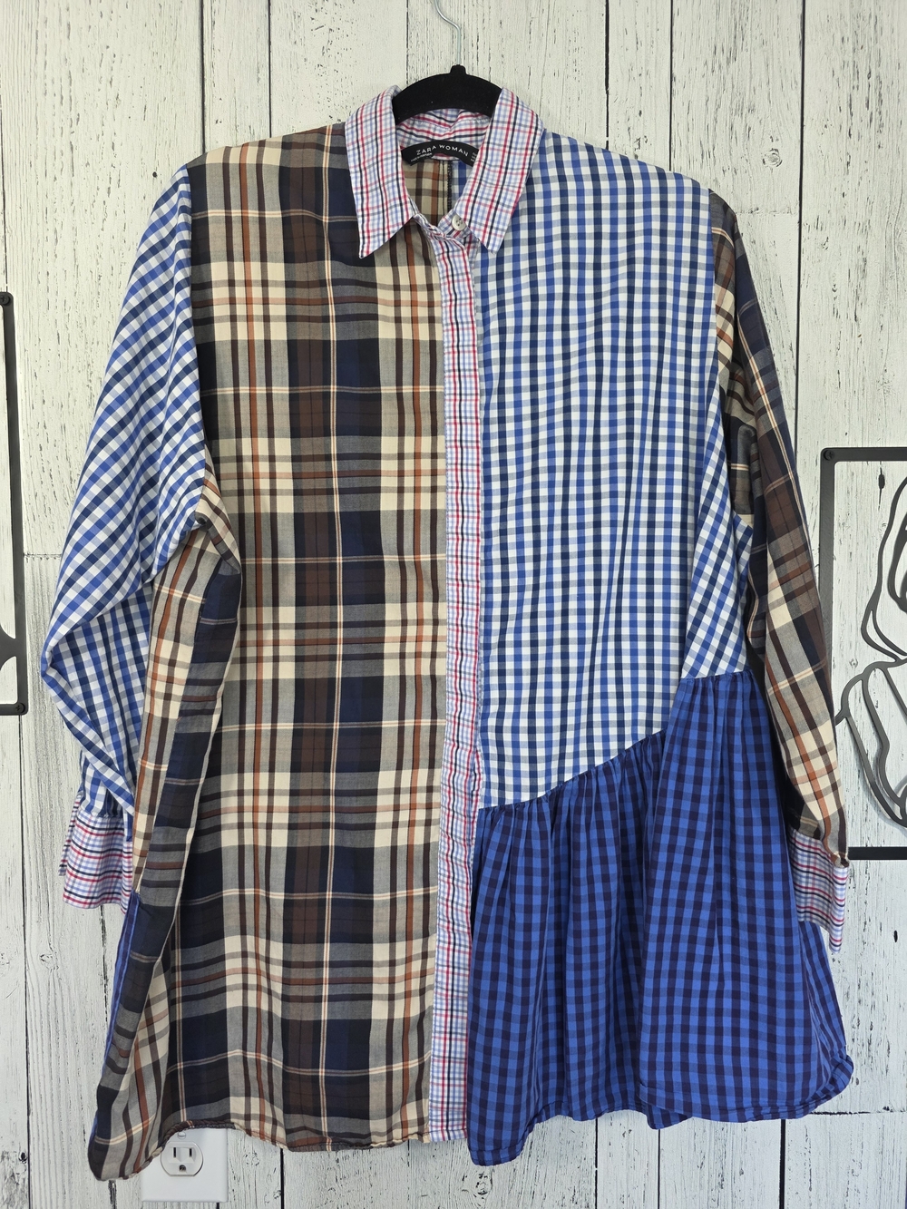 Zara Woman Patchwork Plaid Gingham Ruffle Shirt Size S Artsy Fall Fashion Preppy